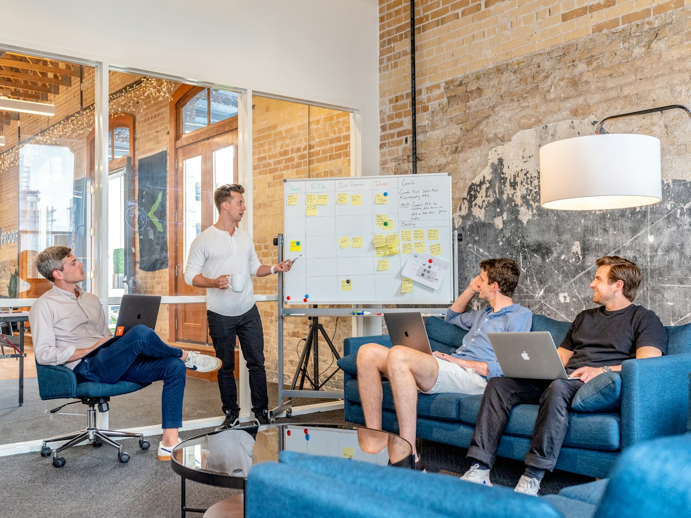 A working session mapping tasks on a whiteboard